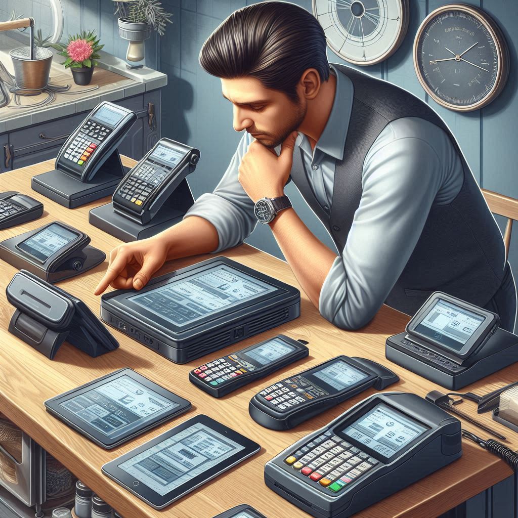 man looking over various pos devices